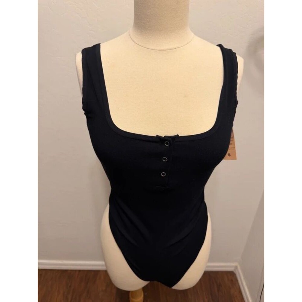 NWT Popilush Black Ribbed Henley Square Neck Shaping Bodysuit – Size XL/XXL